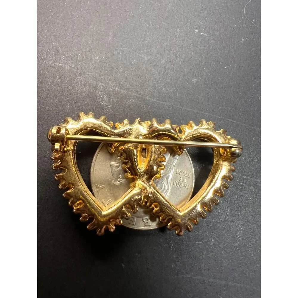 Vintage Gold Tone Double Heart Green Clear Rhinestone Brooch